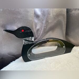 Hand Painted Wooden Loon Coin Bank with Plexiglass Vintage Unscrews Black White
